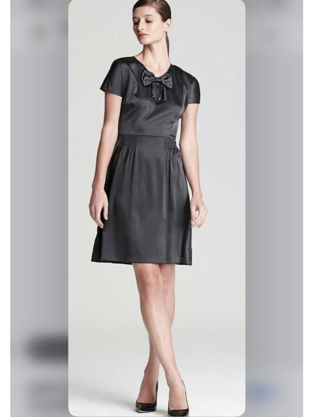 DKNY Womens Dress Charcoal Iron Grey Solid Bow Silk Charmeuse Mini Size 14